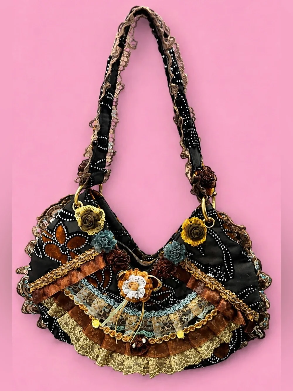 Y2K Whimsigoth Fairycore Embellished Lace Velvet Shoulder Bag